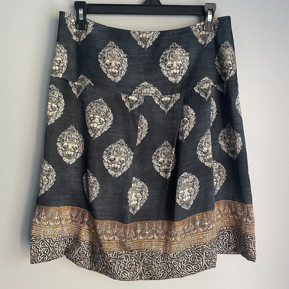 PAUW Amsterdam Silk Pleated Skirt Size 2 US 8 Blue Brown Baroque Pattern Luxury